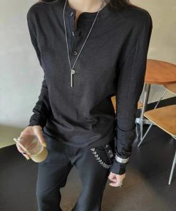 Versatile Pumpkin Embroidered Long Sleeve T-Shirt with Henry Collar and Flattering Curved Silhouette - Soft and Comfortable Style