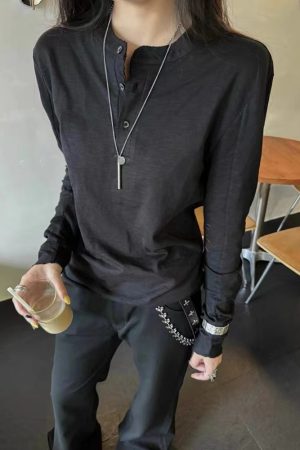 Versatile Pumpkin Embroidered Long Sleeve T-Shirt with Henry Collar and Flattering Curved Silhouette - Soft and Comfortable Style