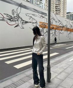 Versatile Pumpkin Embroidered Long Sleeve T-Shirt with Henry Collar and Flattering Curved Silhouette - Soft and Comfortable Style