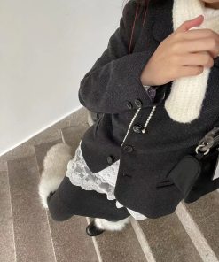 Versatile Pumpkin Wool Blend Suit Jacket, Short Skirt & Long Sleeve Lace Top Three-Piece Set - Chic Fall Fashion Ensemble