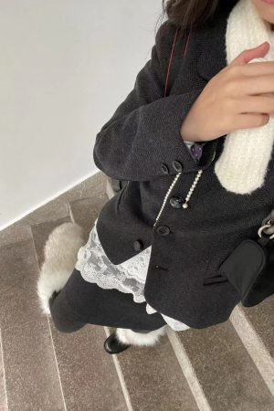 Versatile Pumpkin Wool Blend Suit Jacket, Short Skirt & Long Sleeve Lace Top Three-Piece Set - Chic Fall Fashion Ensemble