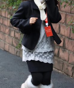 Versatile Pumpkin Wool Blend Suit Jacket, Short Skirt & Long Sleeve Lace Top Three-Piece Set - Chic Fall Fashion Ensemble