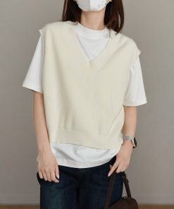 Versatile Solid Color V-Neck Wool Knitted Vest - Loose Fit Sleeveless Tank Top for Effortless Style