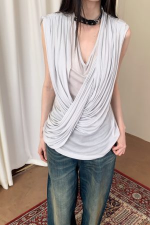 Victorian-Style Draped Ash Blue Leather Collar Top for Women - Trendy Y2K Fashion Wear