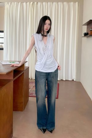 Victorian-Style Draped Ash Blue Leather Collar Top for Women - Trendy Y2K Fashion Wear