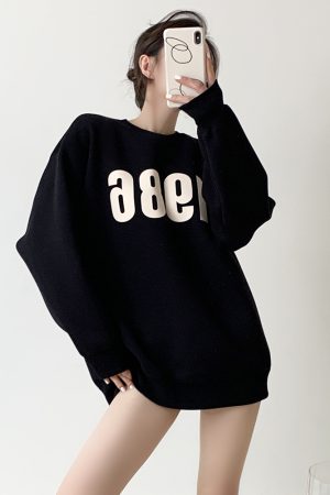 Vintage 1986 Engraved Print Oversized Round Neck Sweatshirt for Women, Thick Plush Autumn Winter Jacket