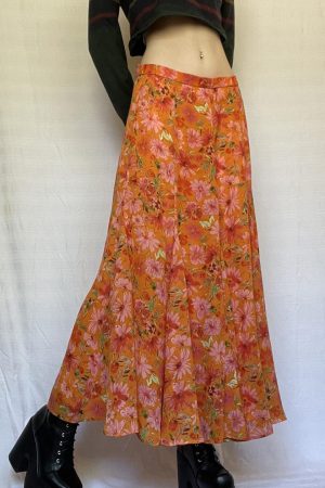 Vintage A-line Long Skirt with Retro Distressed Print in Summer Orange - 90s Inspired Fashion Piece for Effortless Style