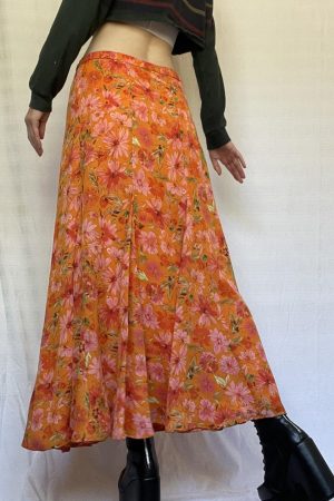 Vintage A-line Long Skirt with Retro Distressed Print in Summer Orange - 90s Inspired Fashion Piece for Effortless Style