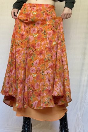 Vintage A-line Long Skirt with Retro Distressed Print in Summer Orange - 90s Inspired Fashion Piece for Effortless Style