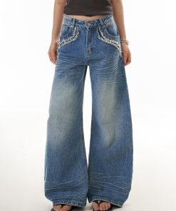 Vintage American High Street Wide-Leg Denim Pants for Women with Frayed Edges and Pocket Design, Casual Curved Knife Trousers