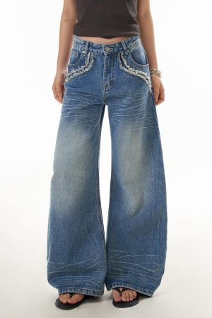 Vintage American High Street Wide-Leg Denim Pants for Women with Frayed Edges and Pocket Design, Casual Curved Knife Trousers