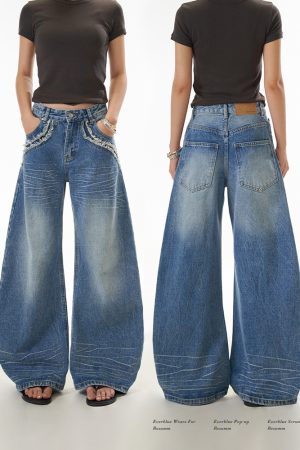 Vintage American High Street Wide-Leg Denim Pants for Women with Frayed Edges and Pocket Design, Casual Curved Knife Trousers