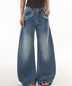 Vintage American High Street Wide-Leg Denim Pants for Women with Frayed Edges and Pocket Design, Casual Curved Knife Trousers