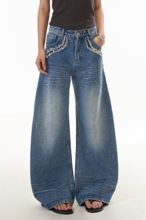 Vintage American High Street Wide-Leg Denim Pants for Women with Frayed Edges and Pocket Design, Casual Curved Knife Trousers