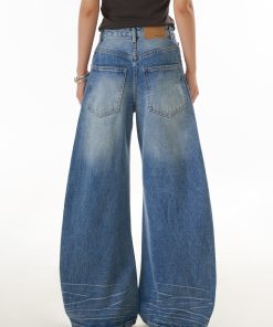 Vintage American High Street Wide-Leg Denim Pants for Women with Frayed Edges and Pocket Design, Casual Curved Knife Trousers