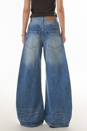 Vintage American High Street Wide-Leg Denim Pants for Women with Frayed Edges and Pocket Design, Casual Curved Knife Trousers