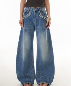 Vintage American High Street Wide-Leg Denim Pants for Women with Frayed Edges and Pocket Design, Casual Curved Knife Trousers