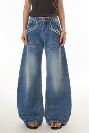 Vintage American High Street Wide-Leg Denim Pants for Women with Frayed Edges and Pocket Design, Casual Curved Knife Trousers