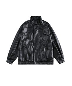 Vintage American Pilot Leather Jacket for Men and Women, Trendy Loose Fit Stand Collar, PU Leather Motorcycle Jacket for Spring & Autumn