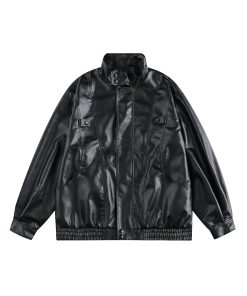 Vintage American Pilot Leather Jacket for Men and Women, Trendy Loose Fit Stand Collar, PU Leather Motorcycle Jacket for Spring & Autumn