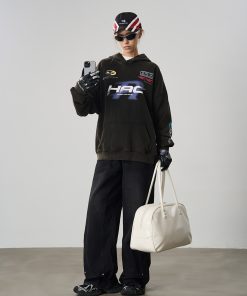 Vintage American Racing Logo Casual Hoodie with Phantom Typography for a Retro 90s Look