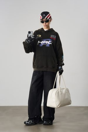 Vintage American Racing Logo Casual Hoodie with Phantom Typography for a Retro 90s Look