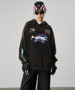 Vintage American Racing Logo Casual Hoodie with Phantom Typography for a Retro 90s Look