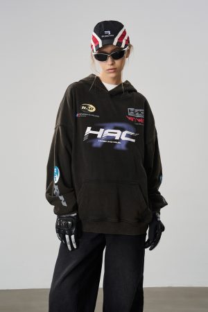 Vintage American Racing Logo Casual Hoodie with Phantom Typography for a Retro 90s Look