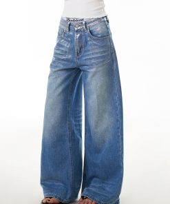 Vintage American Retro Graffiti Distressed Denim Pants for Women - Loose Wide-Leg Floor-Length Style