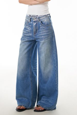 Vintage American Retro Graffiti Distressed Denim Pants for Women - Loose Wide-Leg Floor-Length Style