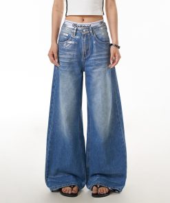 Vintage American Retro Graffiti Distressed Denim Pants for Women - Loose Wide-Leg Floor-Length Style