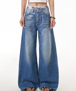 Vintage American Retro Graffiti Distressed Denim Pants for Women - Loose Wide-Leg Floor-Length Style
