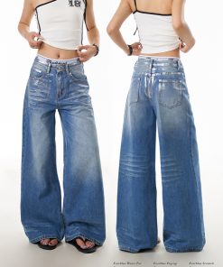 Vintage American Retro Graffiti Distressed Denim Pants for Women - Loose Wide-Leg Floor-Length Style