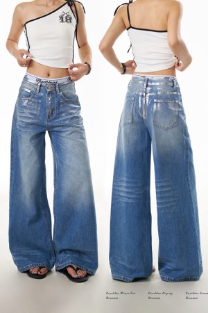 Vintage American Retro Graffiti Distressed Denim Pants for Women - Loose Wide-Leg Floor-Length Style