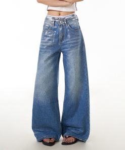 Vintage American Retro Graffiti Distressed Denim Pants for Women - Loose Wide-Leg Floor-Length Style