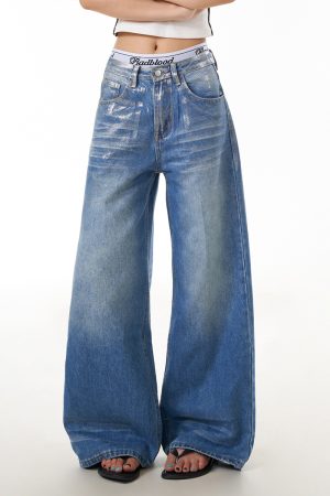 Vintage American Retro Graffiti Distressed Denim Pants for Women - Loose Wide-Leg Floor-Length Style