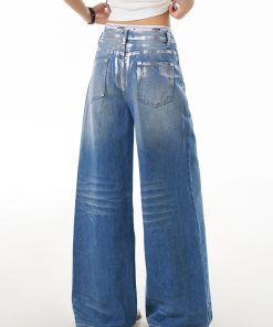 Vintage American Retro Graffiti Distressed Denim Pants for Women - Loose Wide-Leg Floor-Length Style