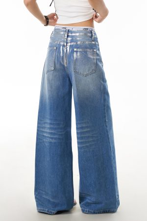 Vintage American Retro Graffiti Distressed Denim Pants for Women - Loose Wide-Leg Floor-Length Style