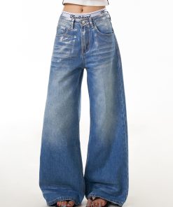 Vintage American Retro Graffiti Distressed Denim Pants for Women - Loose Wide-Leg Floor-Length Style