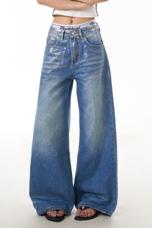 Vintage American Retro Graffiti Distressed Denim Pants for Women - Loose Wide-Leg Floor-Length Style