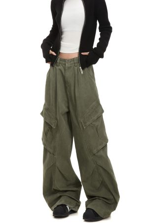 Vintage American-Style Cargo Pants for Women - Multi-Pocket Pleated Wide-Leg Trendy Streetwear Casual Trousers