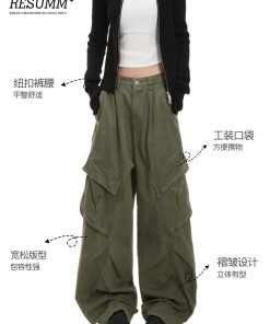 Vintage American-Style Cargo Pants for Women - Multi-Pocket Pleated Wide-Leg Trendy Streetwear Casual Trousers
