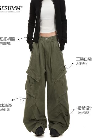 Vintage American-Style Cargo Pants for Women - Multi-Pocket Pleated Wide-Leg Trendy Streetwear Casual Trousers
