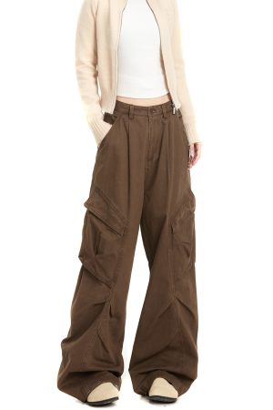 Vintage American-Style Cargo Pants for Women - Multi-Pocket Pleated Wide-Leg Trendy Streetwear Casual Trousers