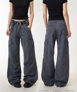 Vintage American-Style Women's Work Pants with Large Pockets, Loose Straight-Leg Trousers, Draping Effect, Versatile Fashion Statement