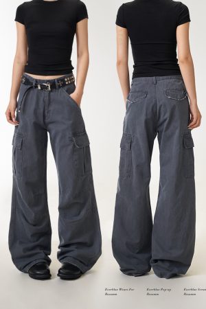 Vintage American-Style Women's Work Pants with Large Pockets, Loose Straight-Leg Trousers, Draping Effect, Versatile Fashion Statement