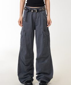 Vintage American-Style Women's Work Pants with Large Pockets, Loose Straight-Leg Trousers, Draping Effect, Versatile Fashion Statement