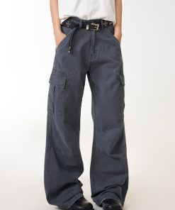 Vintage American-Style Women's Work Pants with Large Pockets, Loose Straight-Leg Trousers, Draping Effect, Versatile Fashion Statement