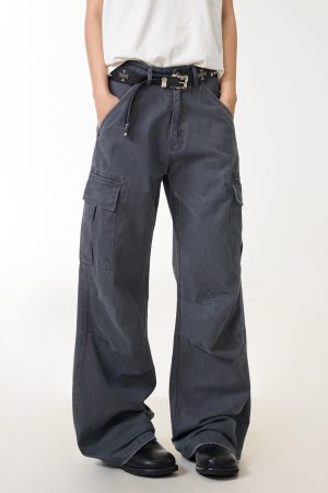 Vintage American-Style Women's Work Pants with Large Pockets, Loose Straight-Leg Trousers, Draping Effect, Versatile Fashion Statement