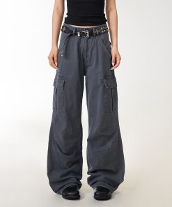 Vintage American-Style Women's Work Pants with Large Pockets, Loose Straight-Leg Trousers, Draping Effect, Versatile Fashion Statement